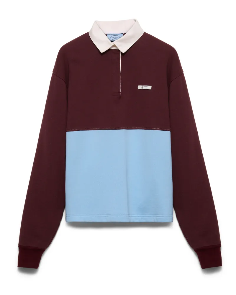 Prada Langärmliges Poloshirt Aus Baumwollfleece, Damen, Bordeaux/hellblau/wüste, Größe Bordeaux