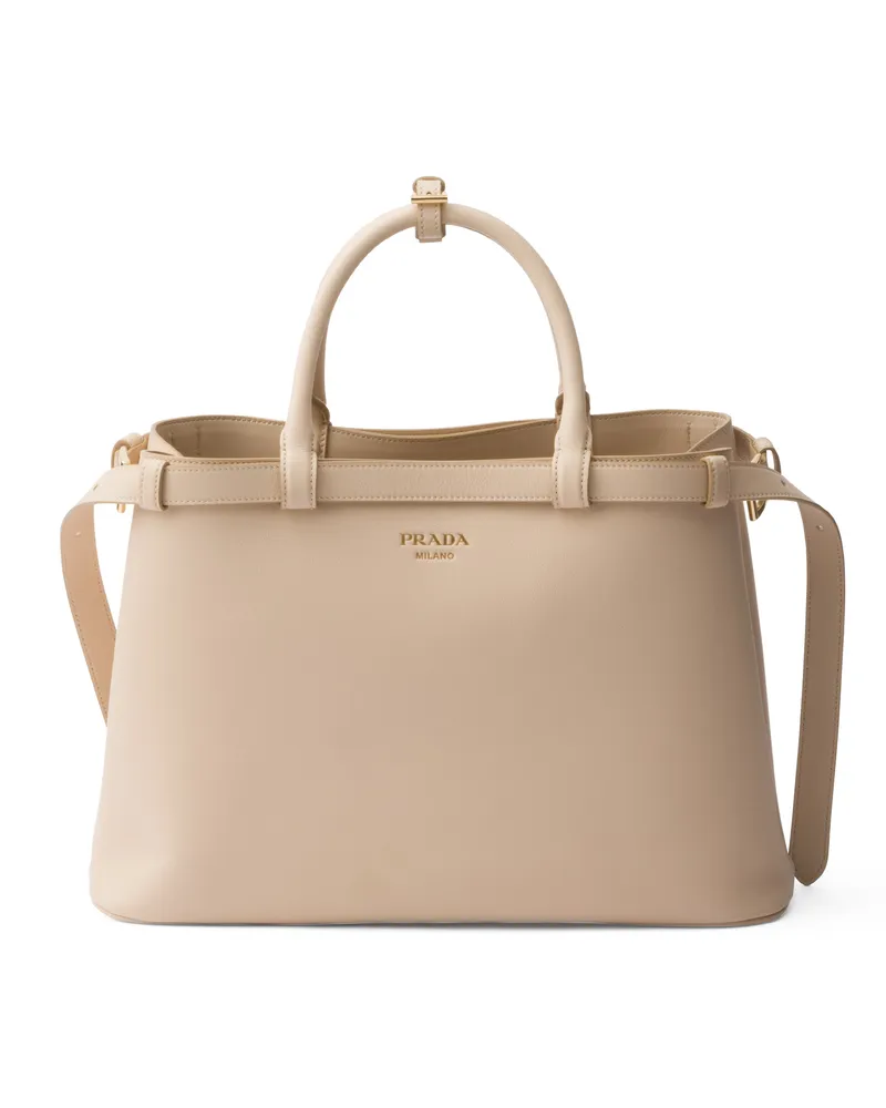 Prada Mittelgroße  Buckle Handtasche Aus Leder Mit Doppeltem Gürtel, Damen, Travertingrau Travertingrau