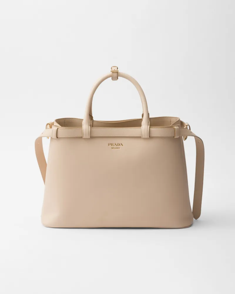 Prada Mittelgroße  Buckle Handtasche aus Leder mit doppeltem Gürtel Travertingrau