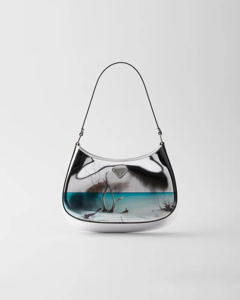 Prada Cleo Schultertasche aus bedrucktem, gebürstetem Leder Silber