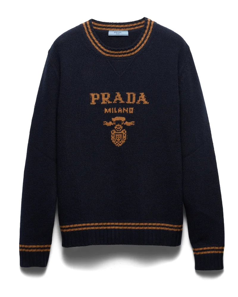 Prada Rundhalspullover Aus Wolle Und Kaschmir, Damen, Blau/tabak, Größe Blau