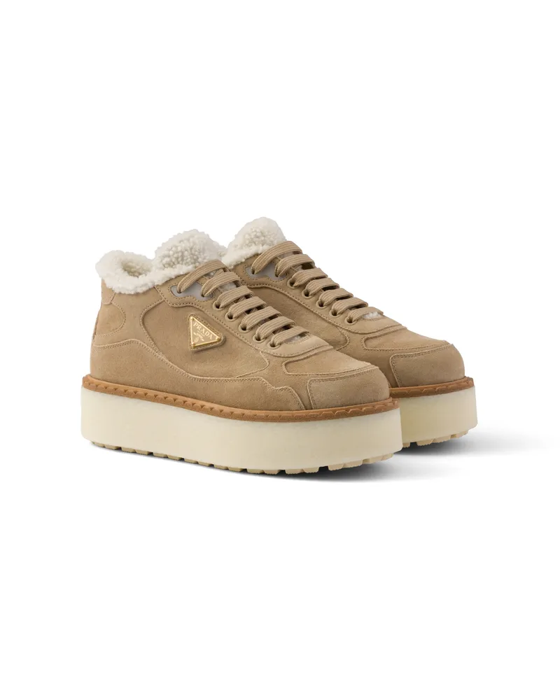 Prada Mid-top-sneaker Aus Wildleder, Damen, Ecru, Größe Ecru