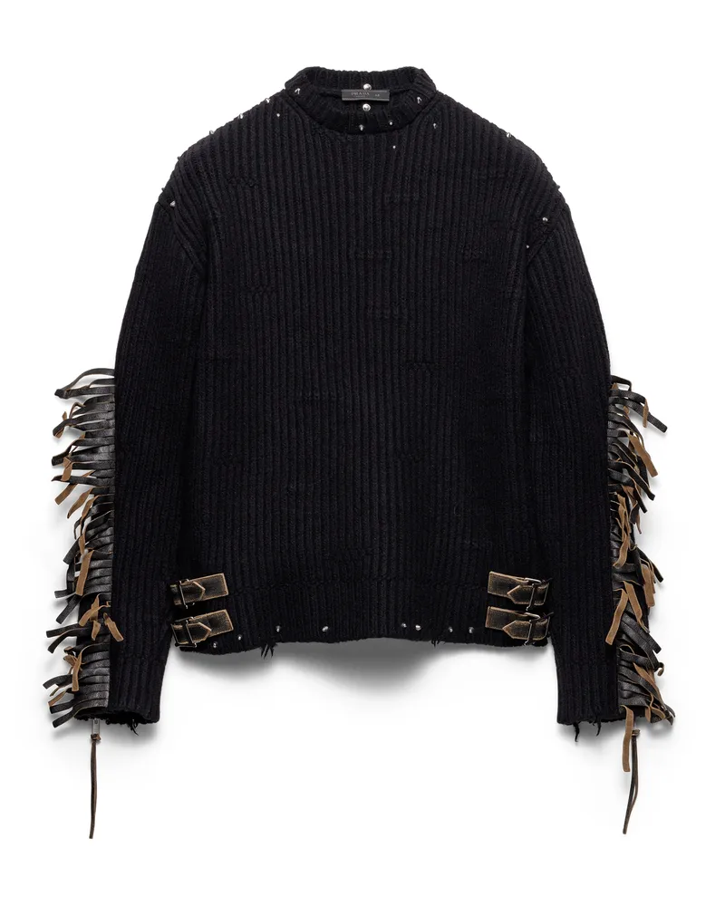 Prada Rundhalspullover Aus Wolle Mit Fransen Und Nieten, Herren, Schwarz, Größe Schwarz