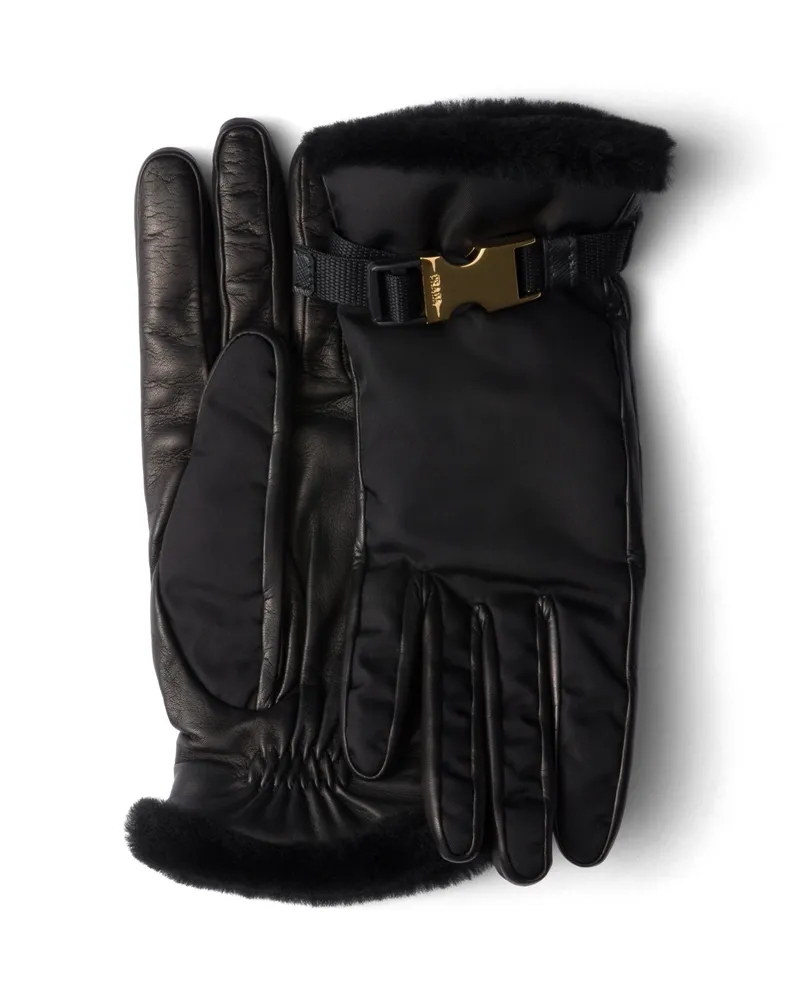 Prada Handschuhe Aus Re-nylon Und Lammfell, Damen, Schwarz, Größe 8,5 Schwarz