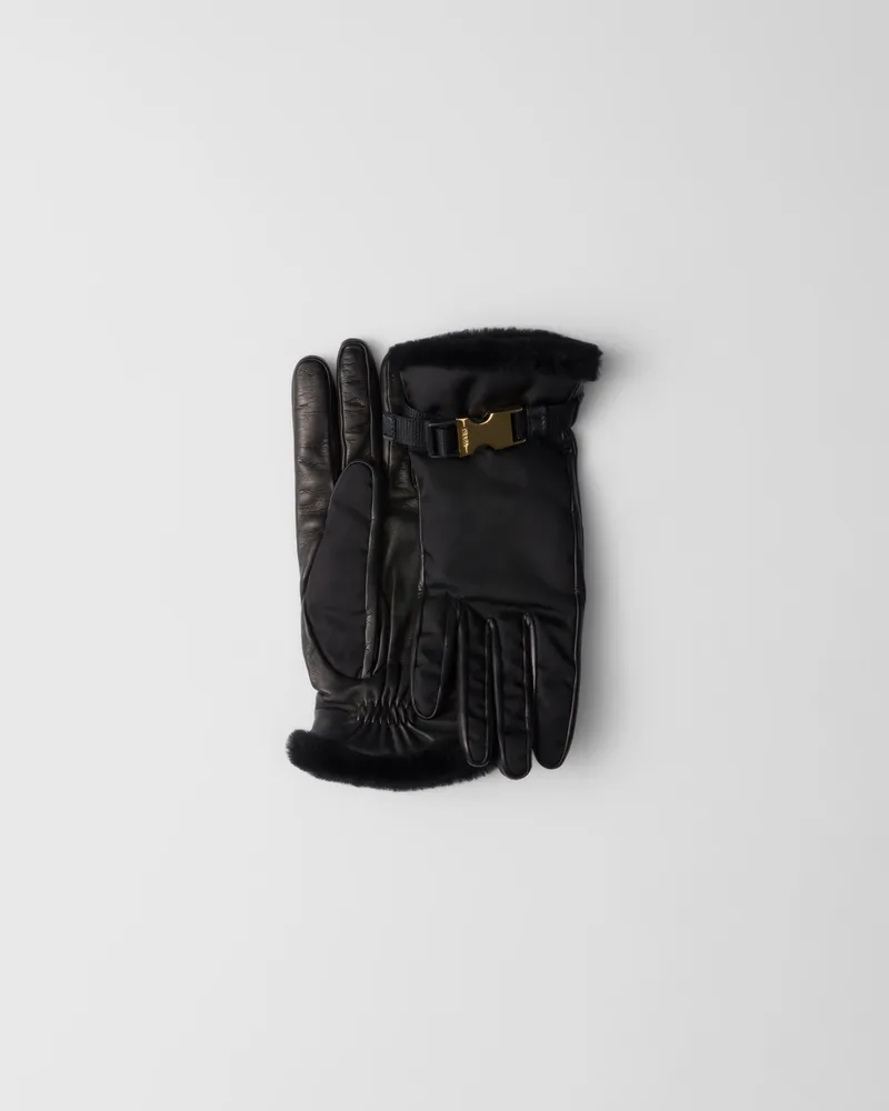 Prada Handschuhe aus Re-Nylon und Lammfell Schwarz
