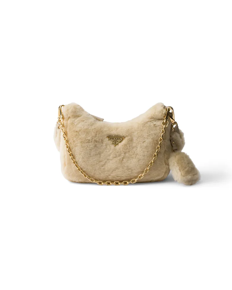 Prada Mini Bag Aus Lammfell, Damen, Ecru Ecru