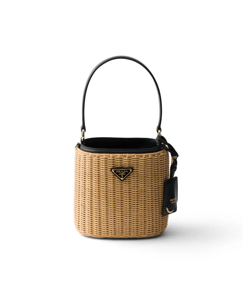 Prada Bucket Bag Aus Korbgeflecht Und Leder, Damen, Hellbraun/schwarz Hellbraun