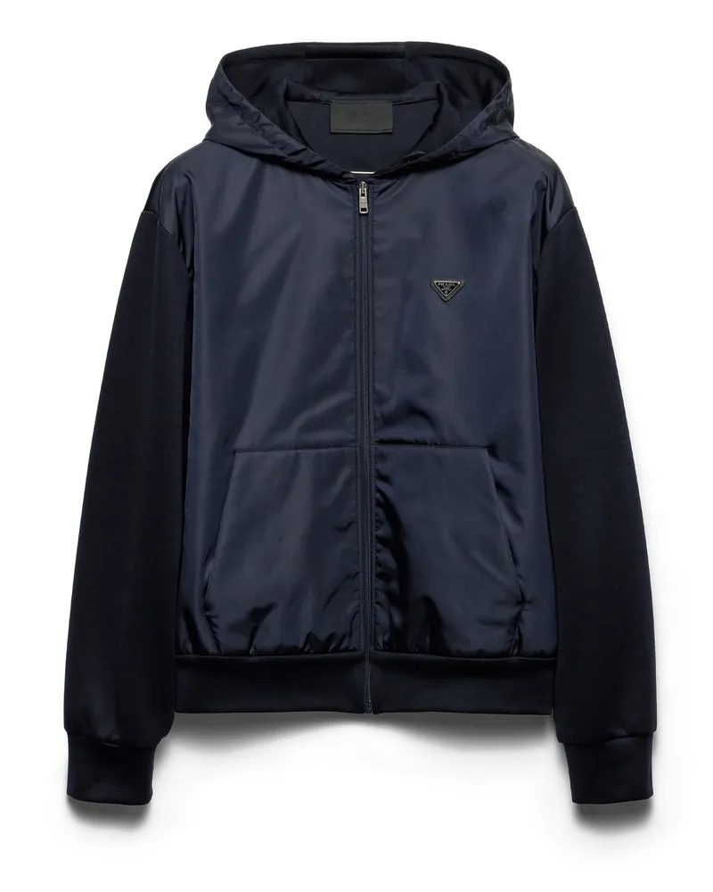 Prada Hoodie Aus Technischer Baumwolle Und Re-nylon, Herren, Blau, Größe Blau