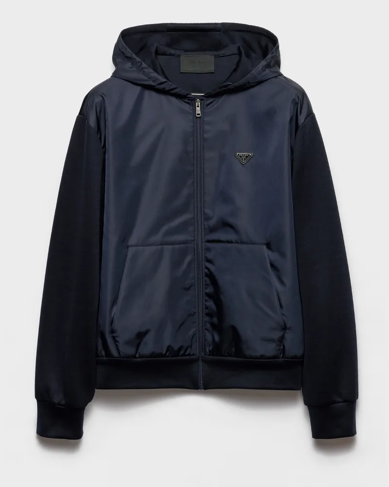 Prada Hoodie aus technischer Baumwolle und Re-Nylon Blau