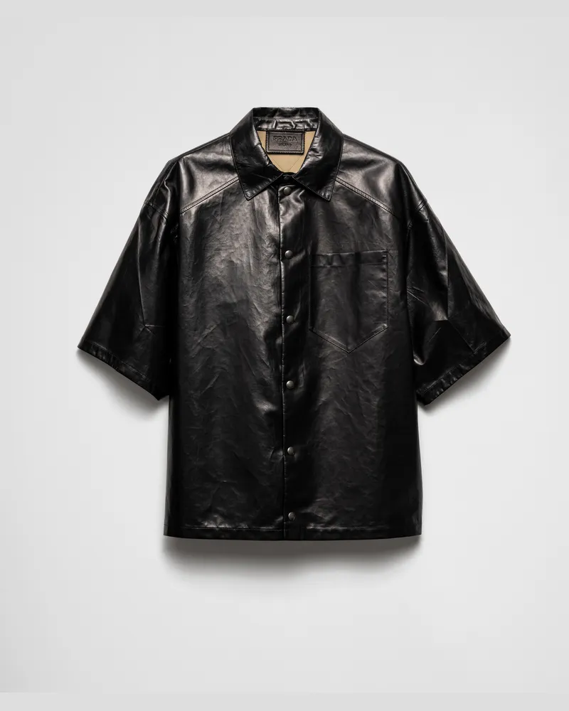 Prada Hemd aus Nappa und Stoff Schwarz+sand