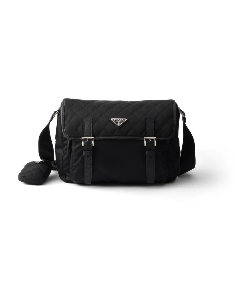 Prada Große Gesteppte Schultertasche Aus Re-nylon Mit Besatz Aus Saffiano-leder, Damen, Schwarz Schwarz