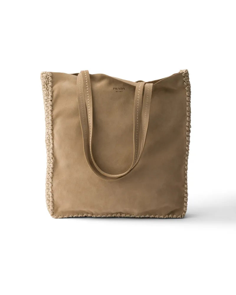 Prada Große Tote Bag Aus Wildleder Und Häkelarbeit, Damen, Wüstenbeige Wüstenbeige