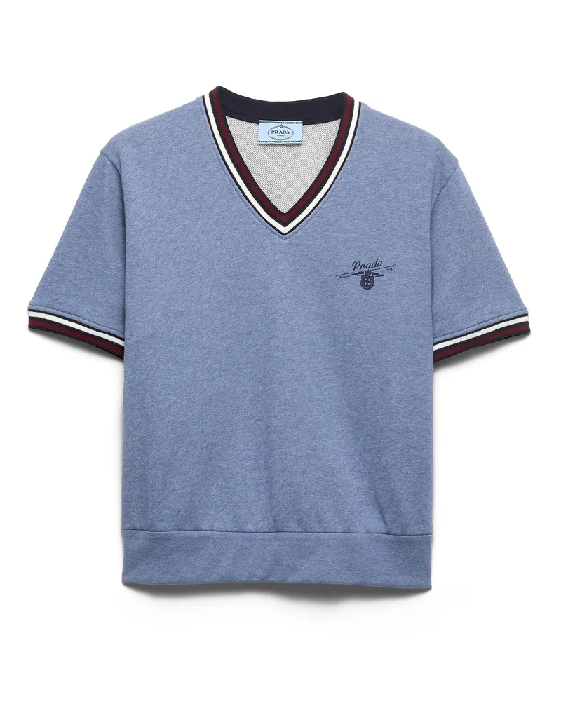 Prada Sweatshirt Aus Baumwollfleece Mit V-ausschnitt, Damen, Avionik-melange, Größe Avionik-melange