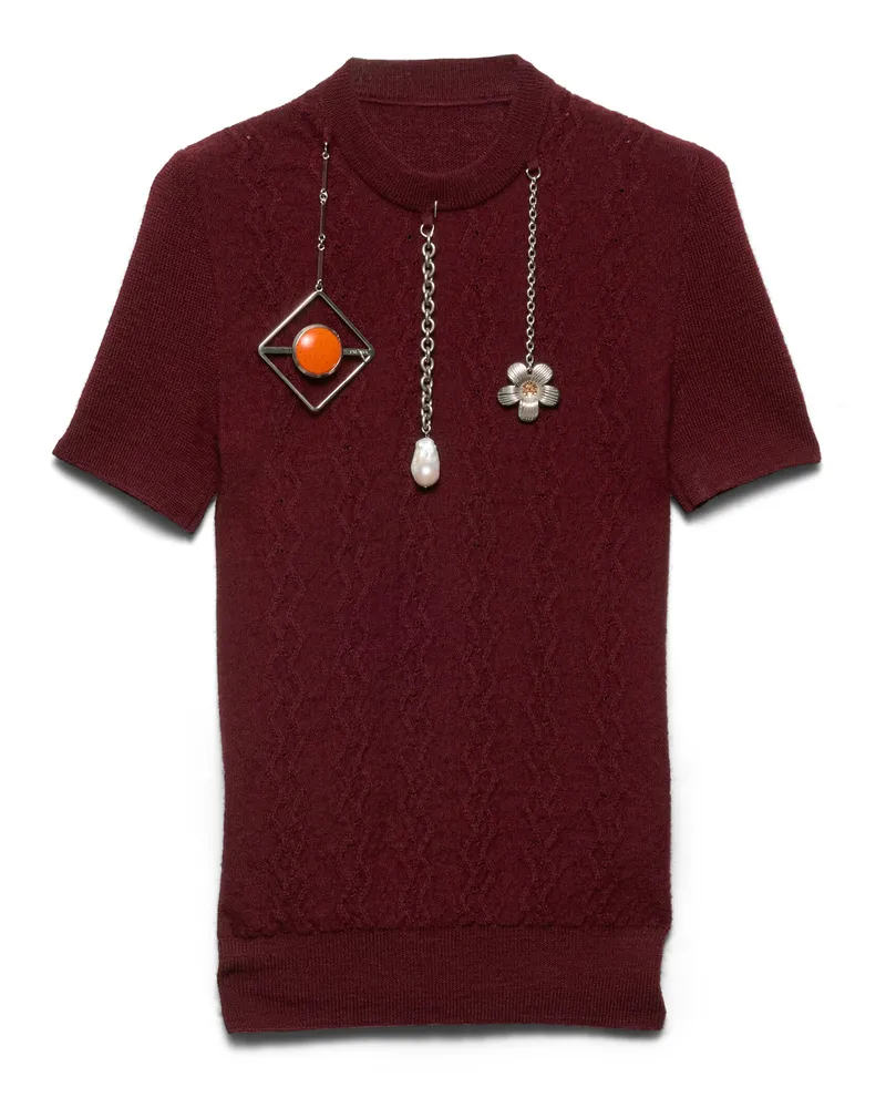 Prada Kurzarm-pullover Aus Wolle Mit Anhängern, Damen, Amaranthrot, Größe Amaranthrot