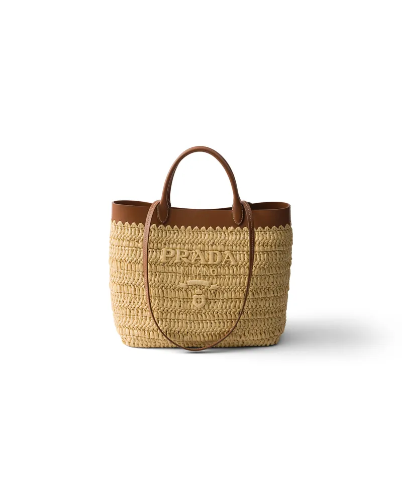Prada Kleine Tote Bag Aus Häkelarbeit Und Leder, Damen, Natur/cognac Natur