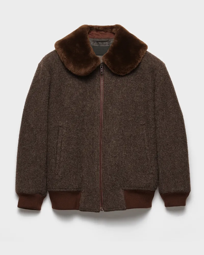 Prada Blousonjacke aus Wolle mit Lammfellkragen Ebenholz