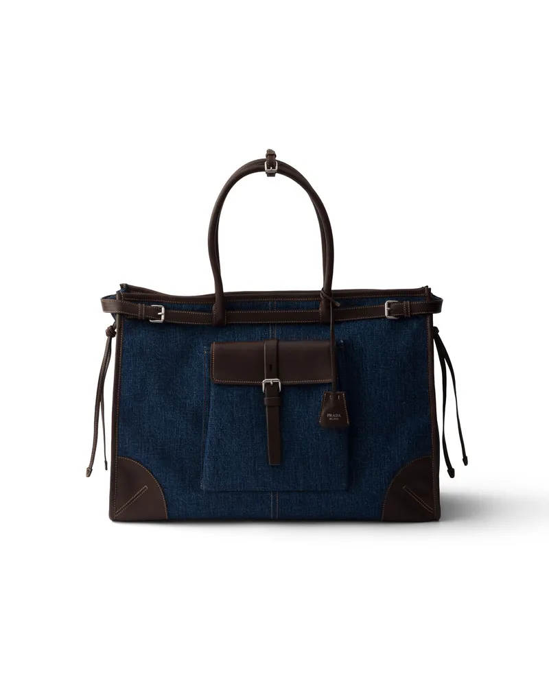 Prada Bonnie Tote Bag Aus Denim Und Leder, Herren, Blau/kaffee Blau