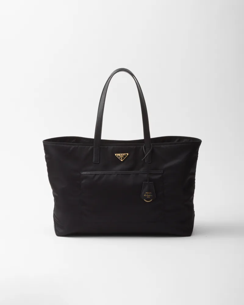 Prada Re-edition 1978 Große Tote Bag Aus Re-nylon Und Saffiano-leder, Damen, Schwarz Schwarz
