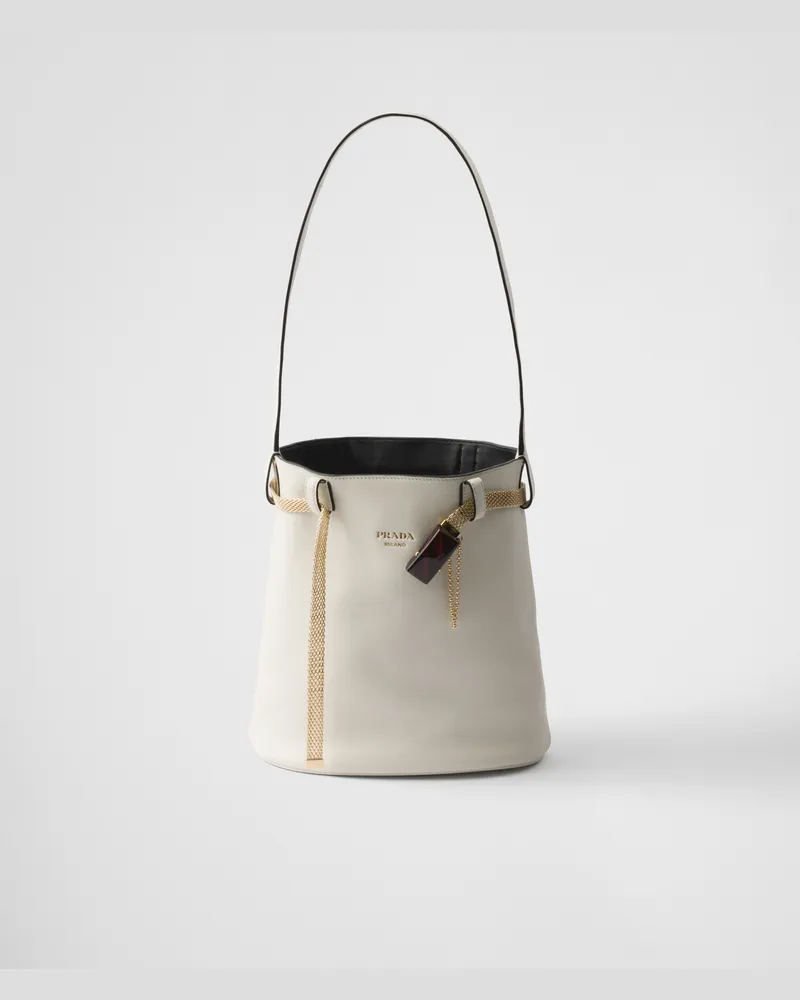 Prada Buckle Bucket Bag aus Leder mit schmucksteinbesetztem Gürtel White