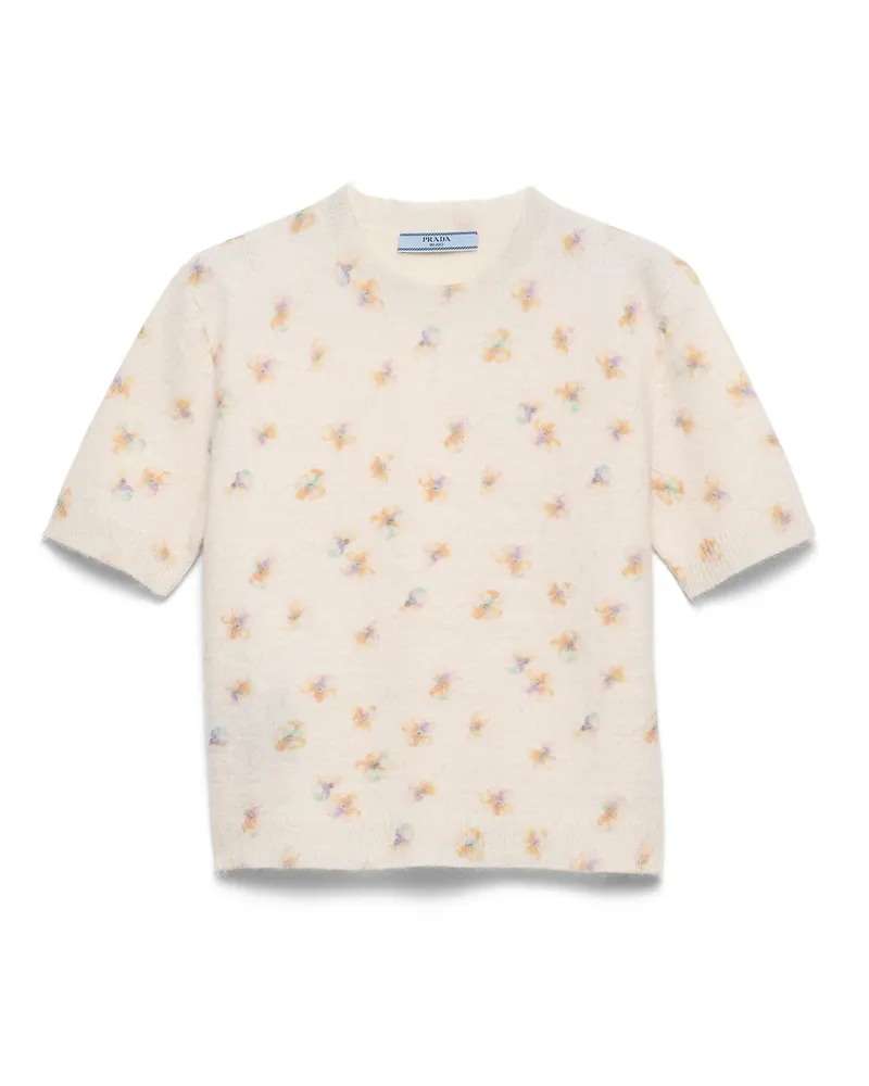 Prada Rundhalspullover Aus Wolle Mit Blumenmuster, Damen, Creme, Größe Creme