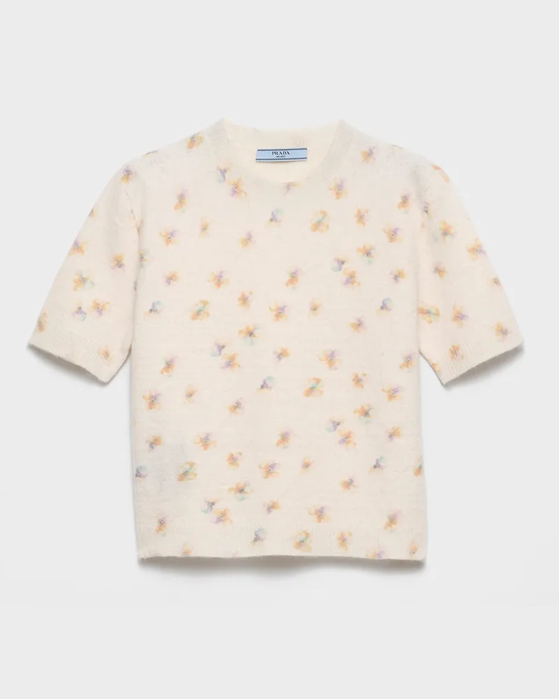Prada Rundhalspullover aus Wolle mit Blumenmuster Creme
