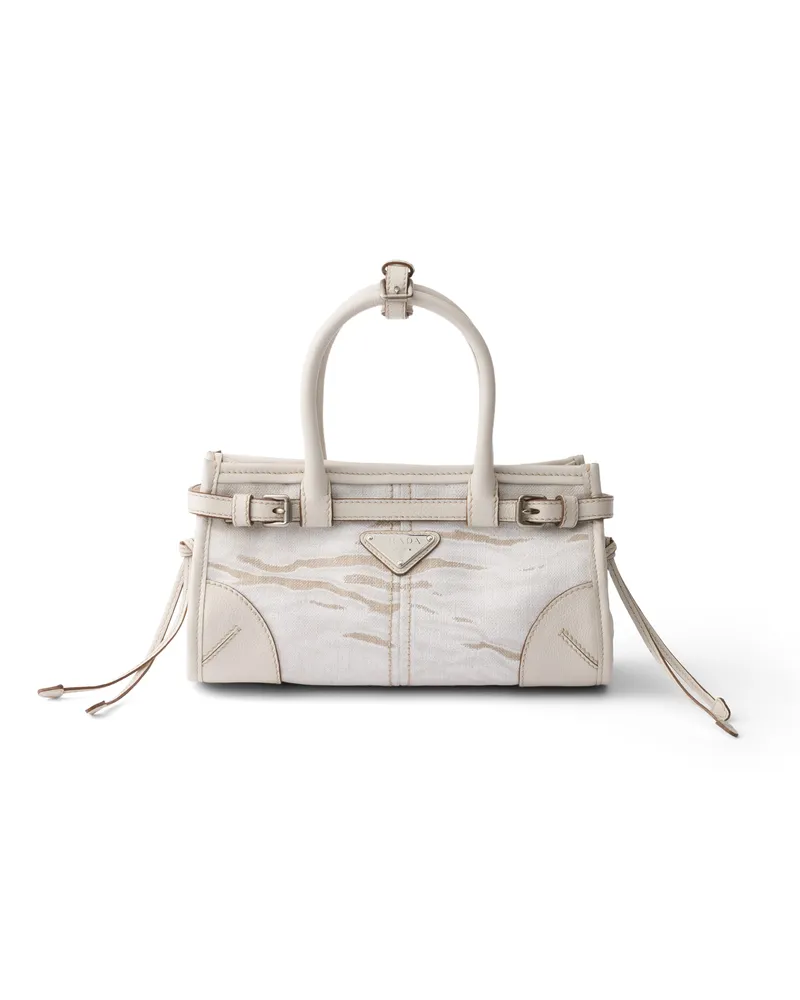 Prada Bonnie Kleine Tasche Aus Bedrucktem Leinen Und Leder, Damen, Weiss Weiss