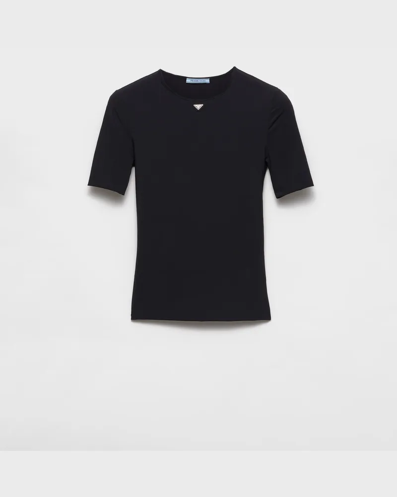 Prada Kurzärmliges T-Shirt aus Stretch-Stoff Schwarz