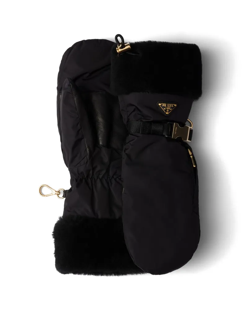 Prada Fäustlinge Aus Re-nylon Und Lammfell, Damen, Schwarz, Größe 7,5 Schwarz