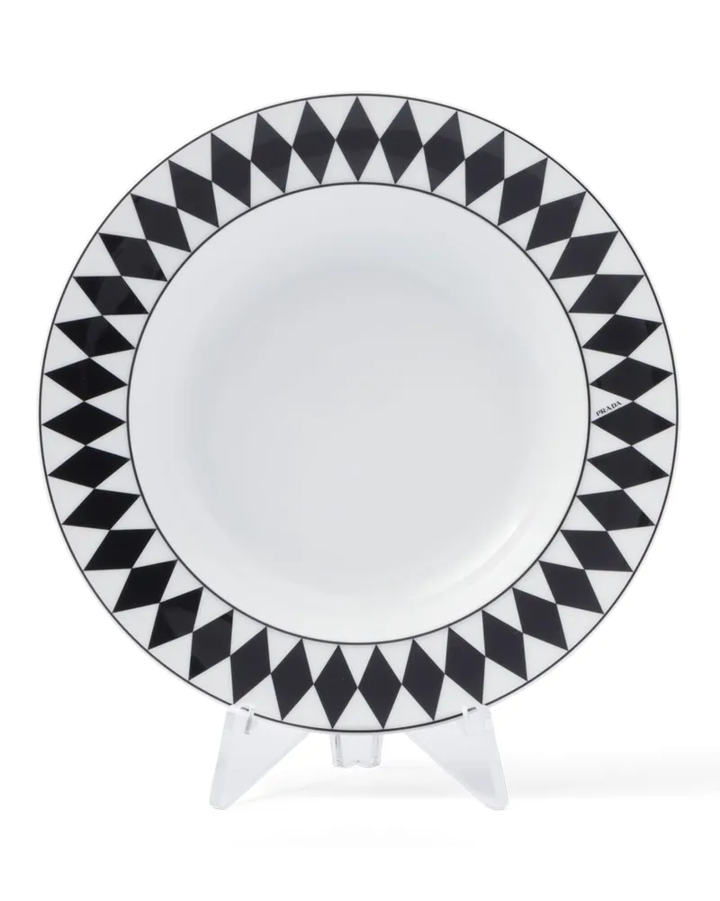 Prada Set Mit Zwei Suppentellern Aus Porzellan – Checkerboard, , Weiss/schwarz Weiss