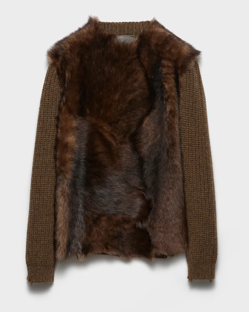 Prada Pullover aus Wolle und Lammfell Haselnuss