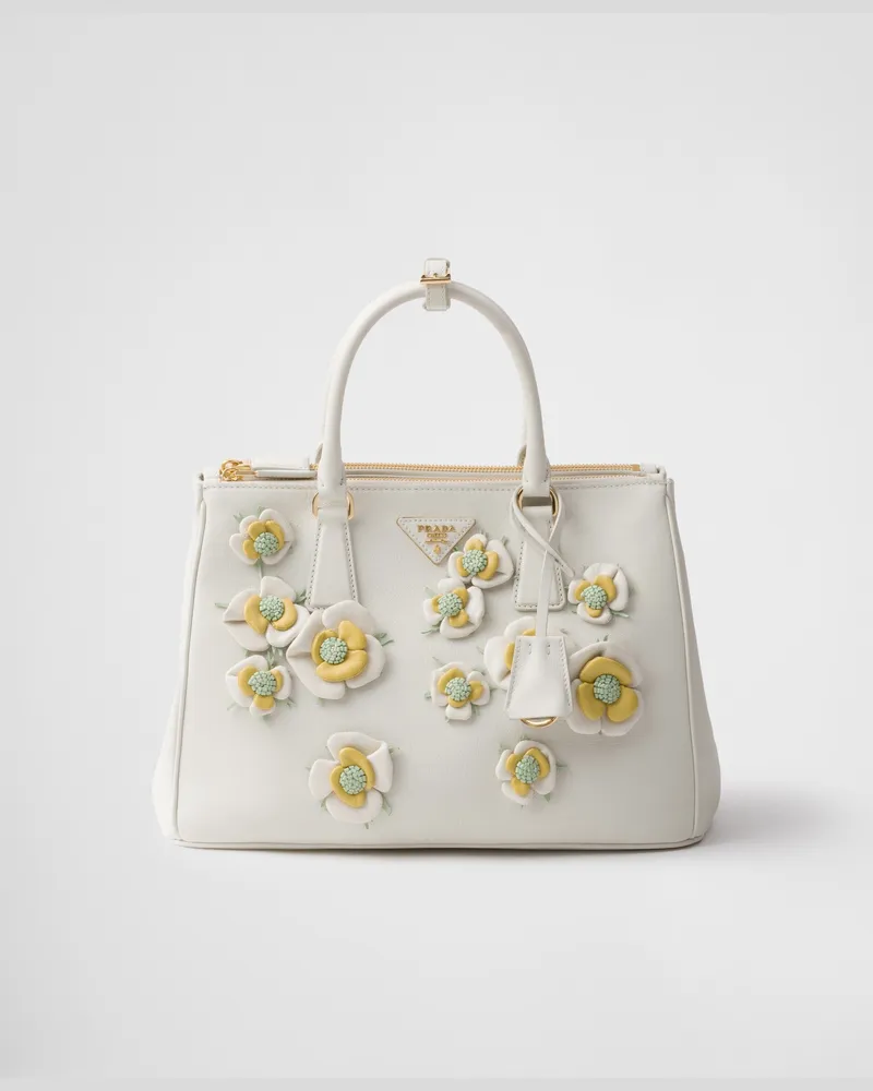 Prada Große  Galleria Tasche aus Leder mit Blumenapplikationen Weiss