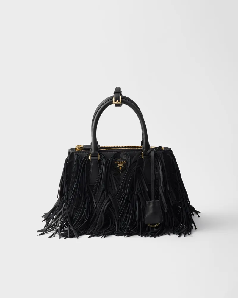Prada Kleine  Galleria Tasche aus Leder mit Fransen Schwarz