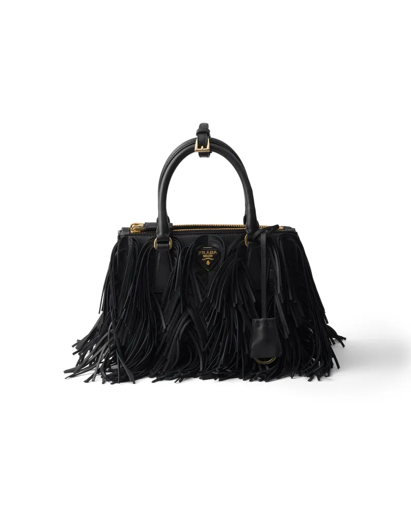 Prada Kleine  Galleria Tasche Aus Leder Mit Fransen, Damen, Schwarz Schwarz