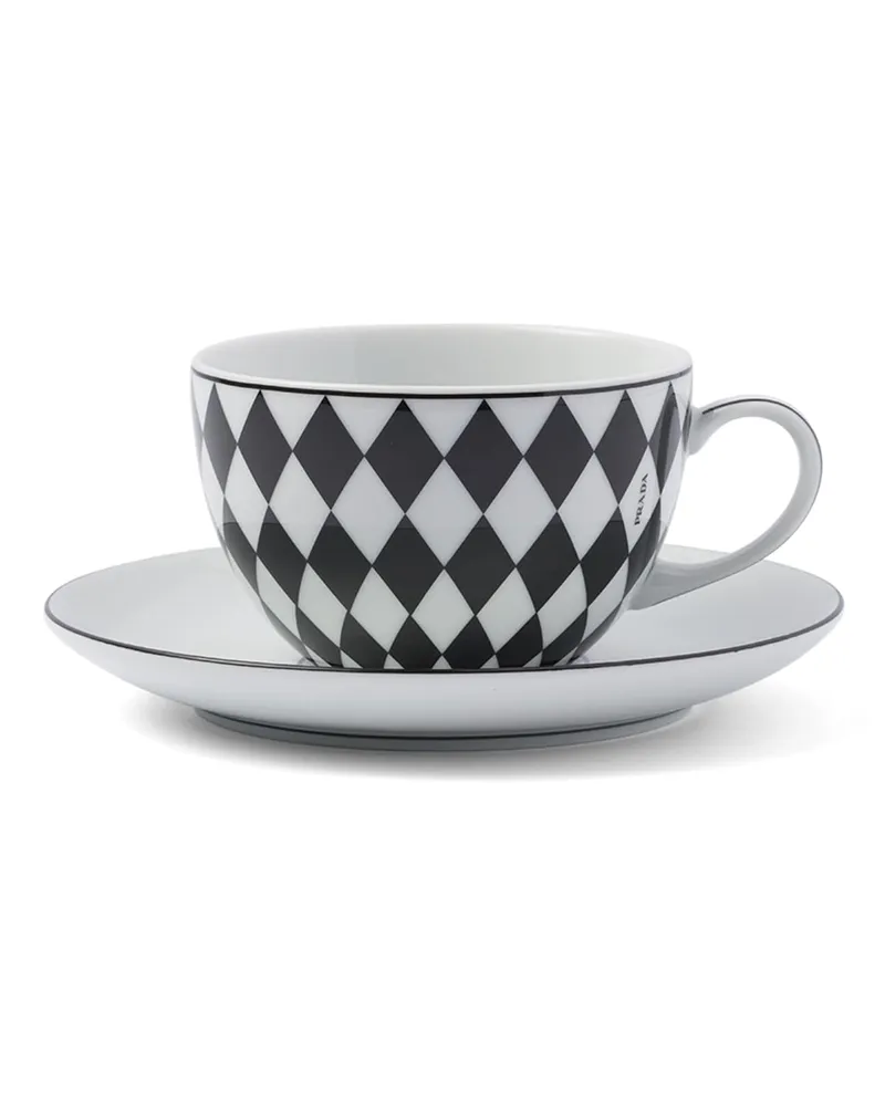 Prada Set Mit Zwei Cappuccinotassen Aus Porzellan – Checkerboard, , Weiss/schwarz Weiss