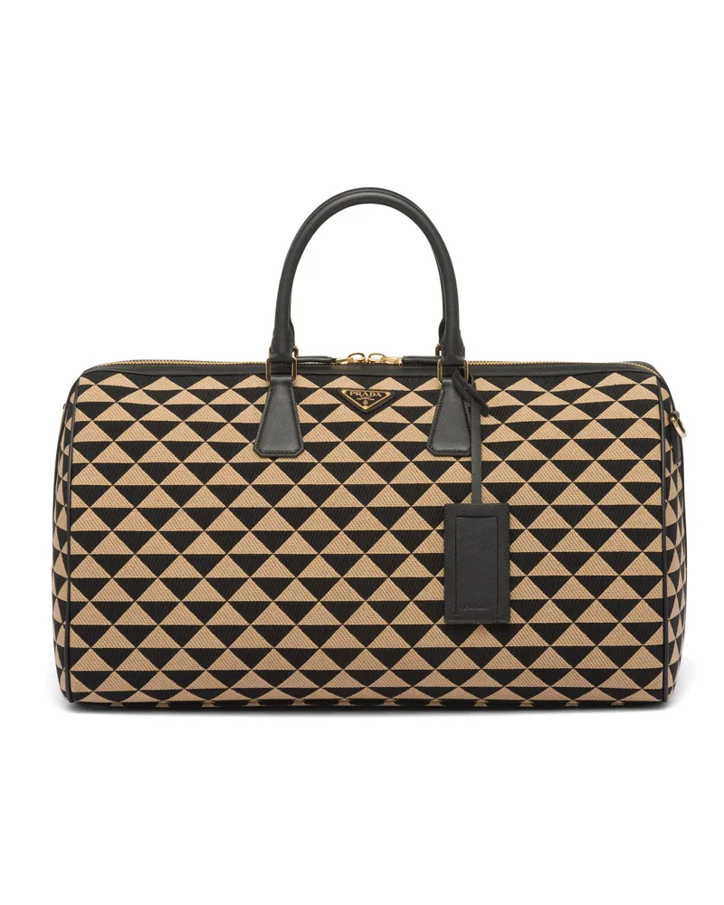 Prada Symbole Reisetasche Aus Besticktem Stoff, , Schwarz/beige Schwarz