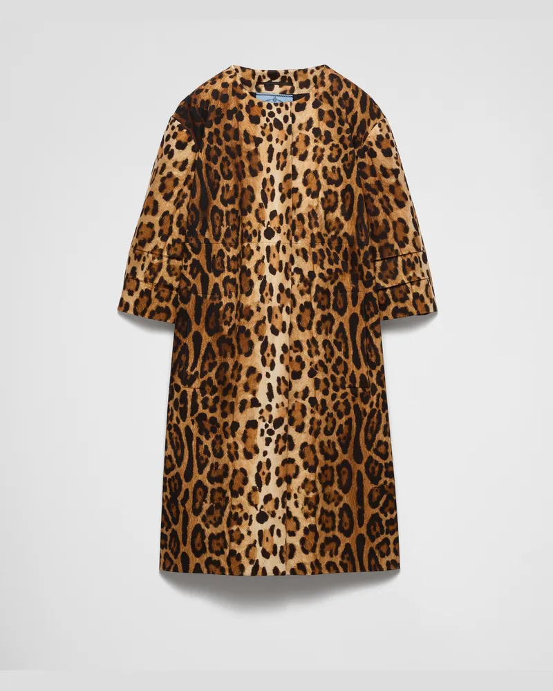 Prada Einreihiger Mantel aus Drillich mit Animal-Print Kakaobraun