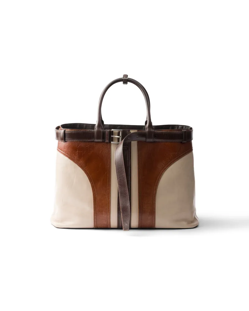 Prada Buckle Tasche Aus Antikisiertem Leder Mit Gürtel, Herren, Travertin-grau/dunkelbraun Travertin-grau
