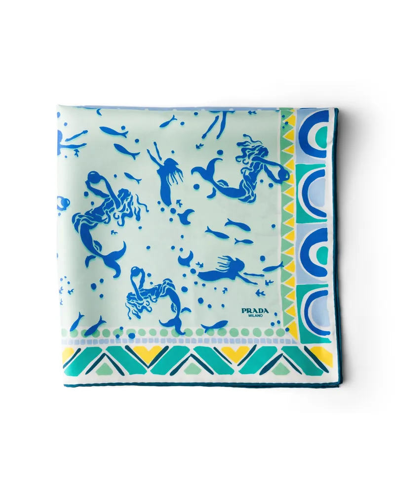 Prada Bedruckter Schal Aus Seiden-twill 55 , Damen, Astralblau/aquamarin Astralblau