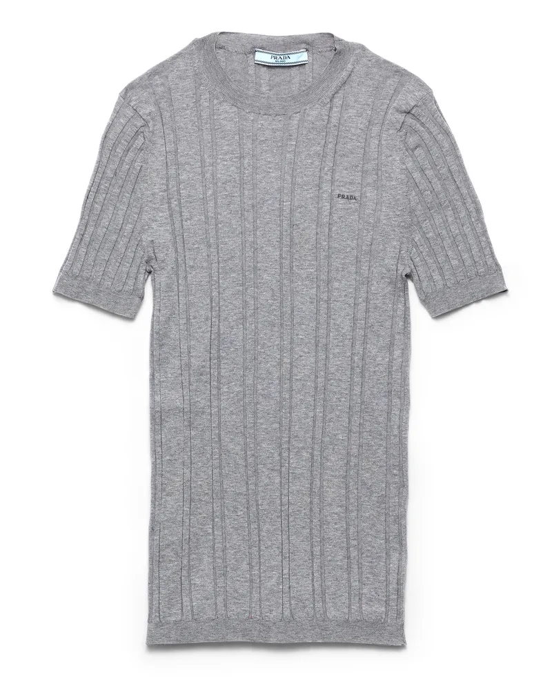 Prada Kurzärmeliger Pullover Aus Baumwoll-rippstrick, Damen, Grau, Größe Grau