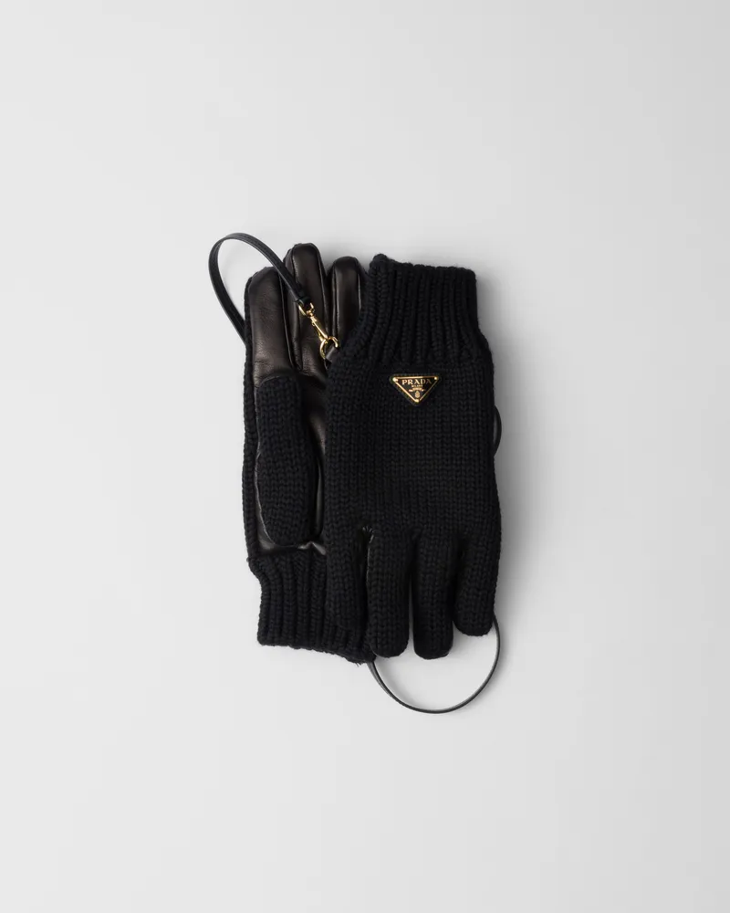 Prada Handschuhe aus Wolle und Nappa-Leder Schwarz