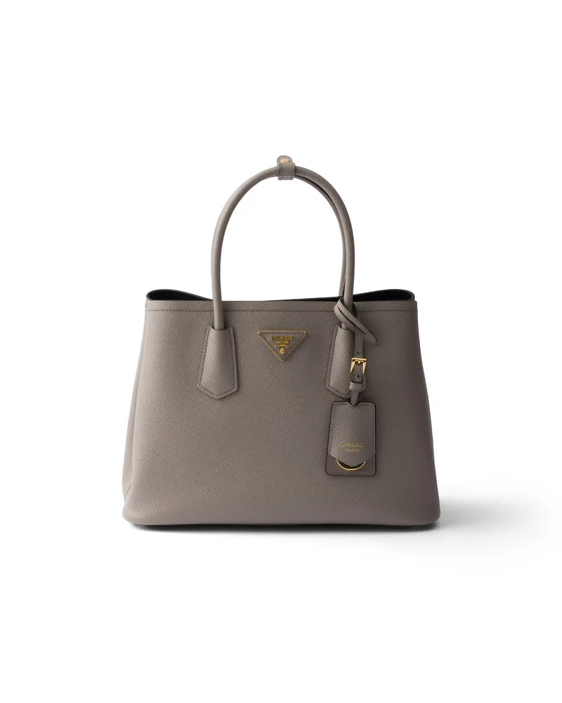 Prada Mittelgroße  Double Tasche Aus Saffiano-leder, Damen, Lehmgrau/schwarz Lehmgrau