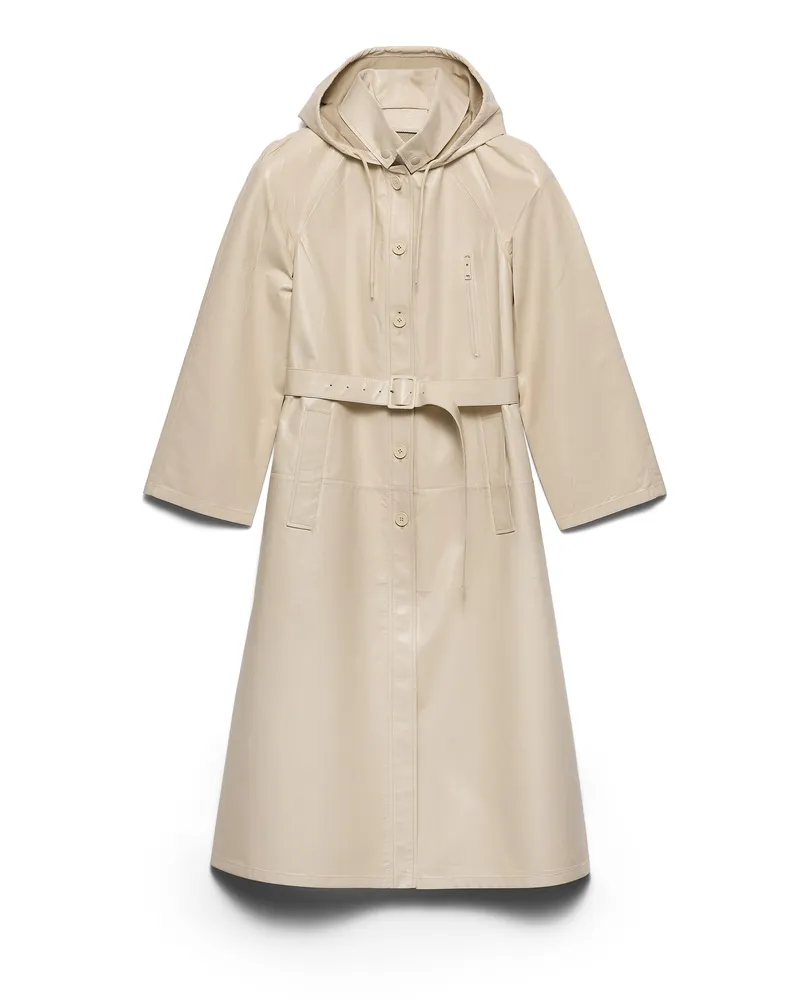Prada Kapuzenmantel Aus Nappa-leder Und Stoff, Damen, Elfenbein, Größe Elfenbein