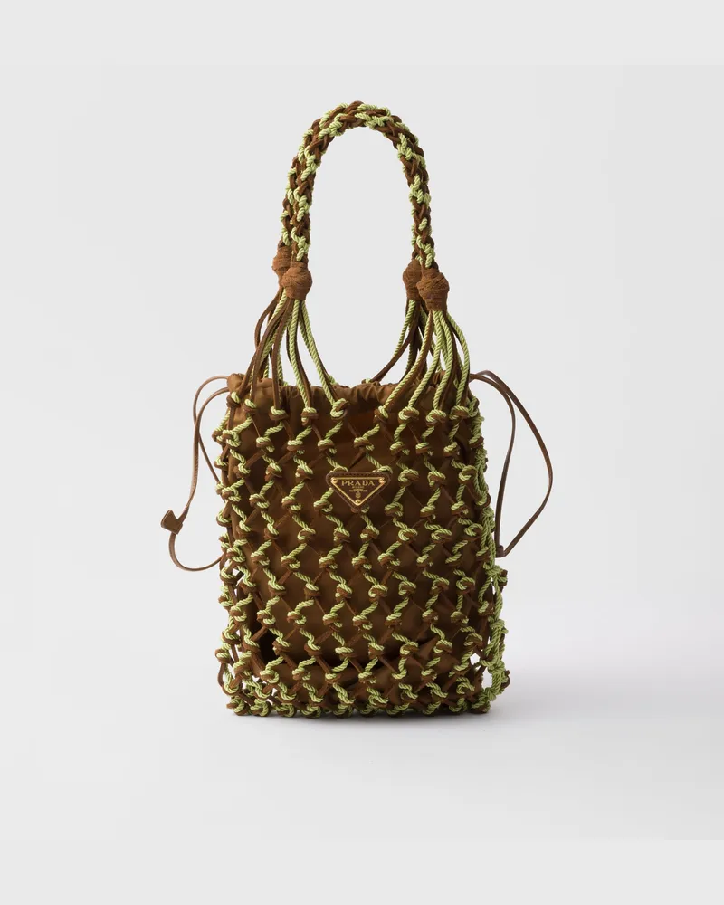 Prada Noué Kleine Tasche aus Makramee und Wildleder Kakaobraun