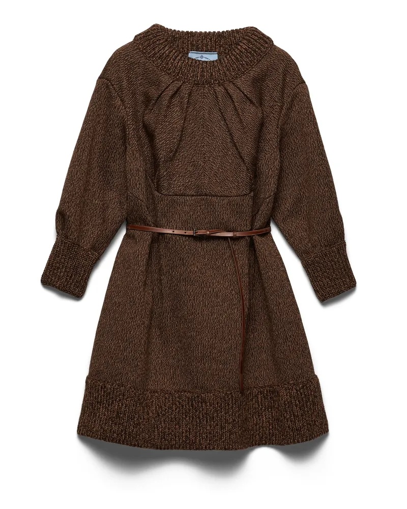 Prada Mouliné-minikleid Aus Wolle, Damen, Dunkelbraun/tabak, Größe Dunkelbraun