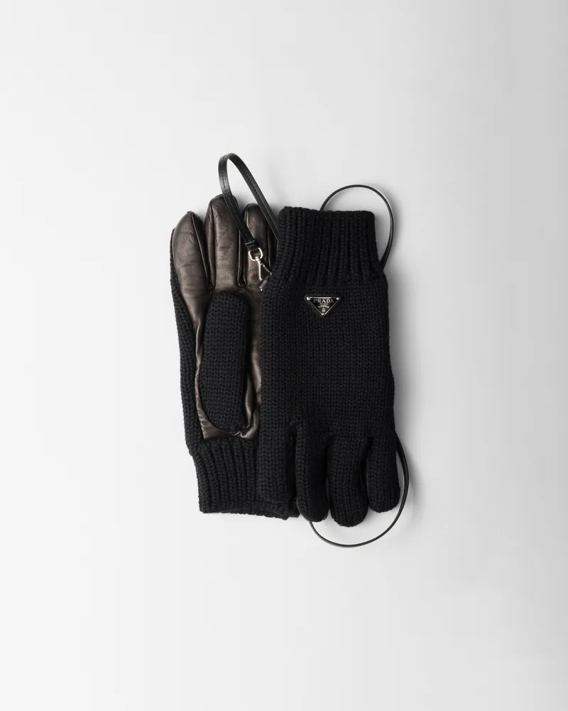 Prada Handschuhe aus Wolle und Nappa-Leder Schwarz
