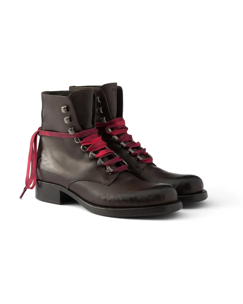 Prada Schnürstiefeletten Aus Leder, Damen, Teak, Größe Teak