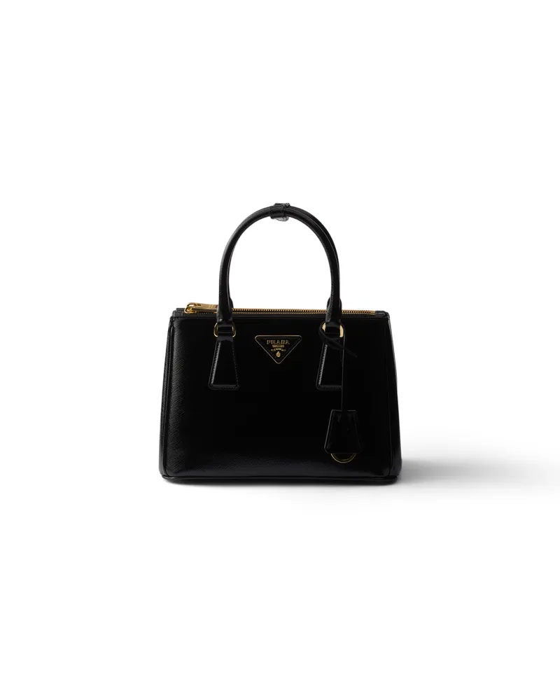 Prada Galleria Tasche Aus Patentiertem Saffiano-leder, Klein, Damen, Schwarz Schwarz