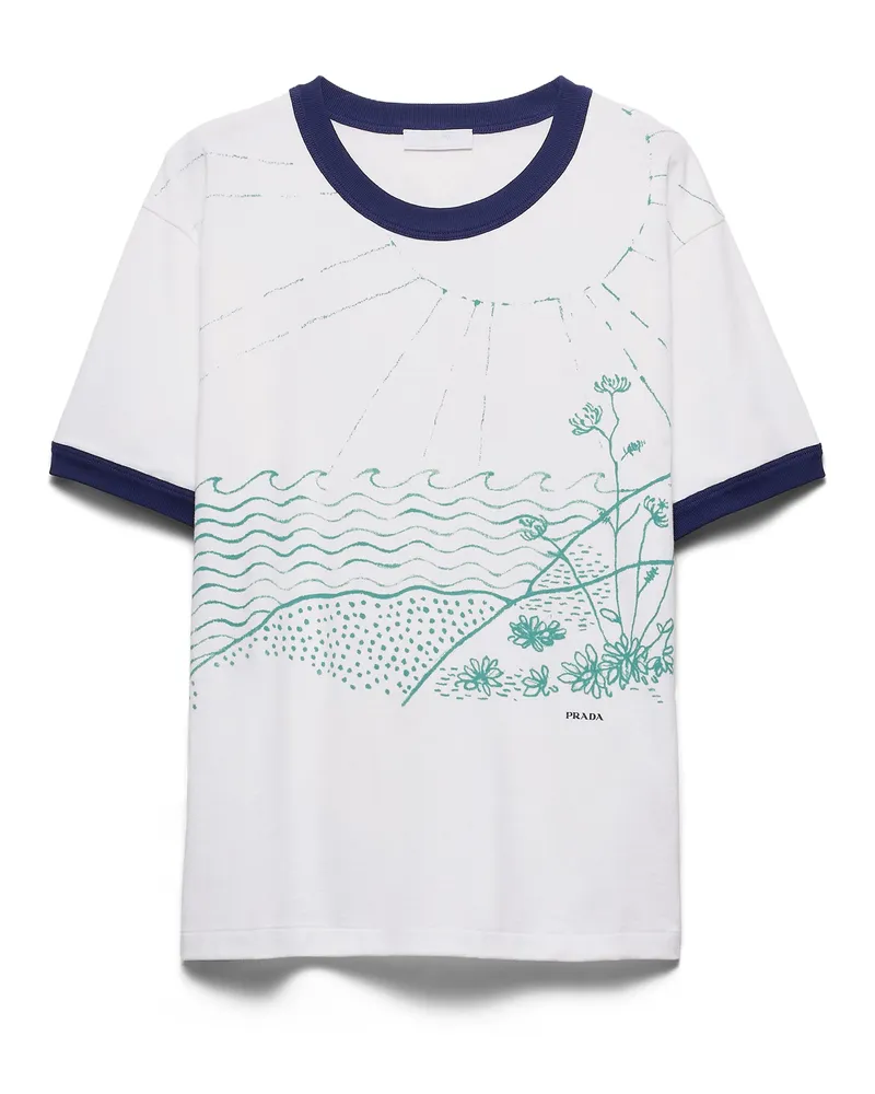 Prada T-shirt Aus Bedruckter Baumwolle, Herren, Weiß/salbeigrün, Größe Weiß