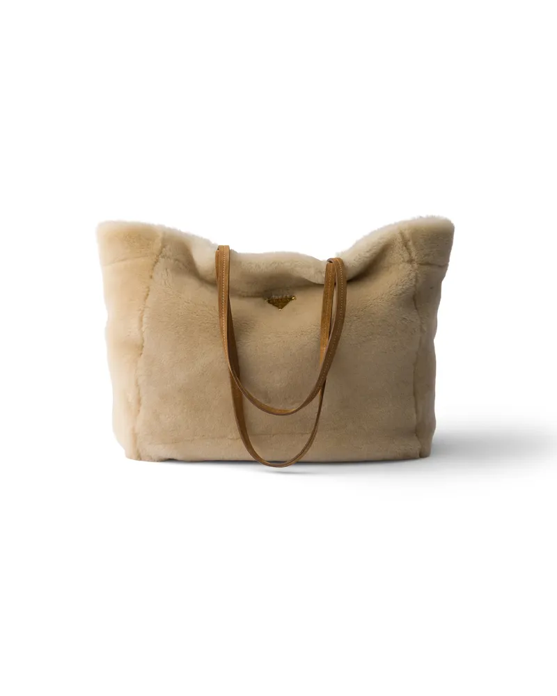 Prada Große Tote Bag Aus Lammfell, Damen, Ecru Ecru