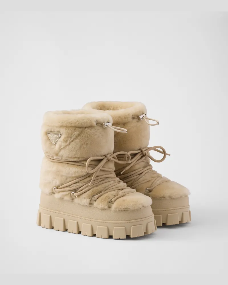 Prada Après-ski-stiefeletten Aus Lammfell, Damen, Ecru, Größe Ecru